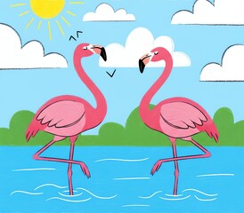 Obraz premium Two Pink Flamingos Standing in Water Under a Sunny Sky.