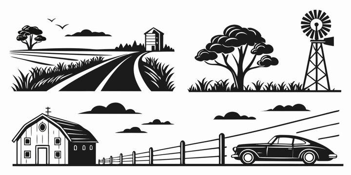 A serene countryside landscape with farmhouse, windmill, and rolling hills Vector