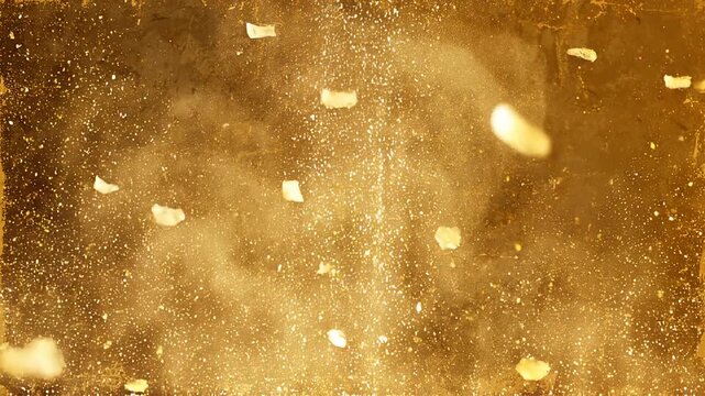 Golden particles floating in brown liquid.