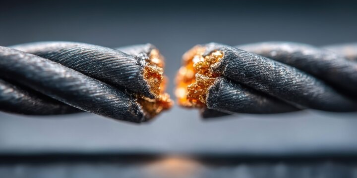 Macro shot of a broken steel cable with frayed ends showing golden copper strands