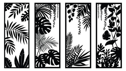 Jungle Botanical Vertical Frame Set, Tropical Botanical Silhouette Panel Vector Set, Black White Jungle Leaf Screen for Laser Cut Room Divider, Interior Wall Décor © magic390