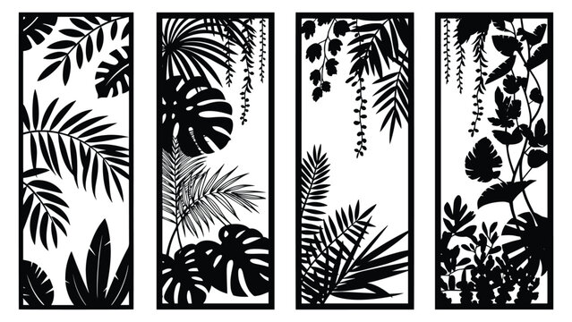 Jungle Botanical Vertical Frame Set, Tropical Botanical Silhouette Panel Vector Set, Black White Jungle Leaf Screen for Laser Cut Room Divider, Interior Wall D&eacute;cor