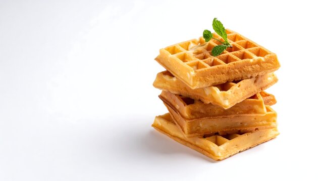 Stack of waffles with syrup & mint. Golden-brown hue pops against a stark white background. Soft, inviting texture