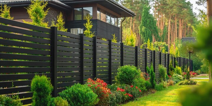 Modern black horizontal slat fence bordering a lush garden and contemporary house
