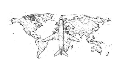 Obraz premium Abstract low poly airplane flying over world map wireframe network vector top view global aviation technology concept