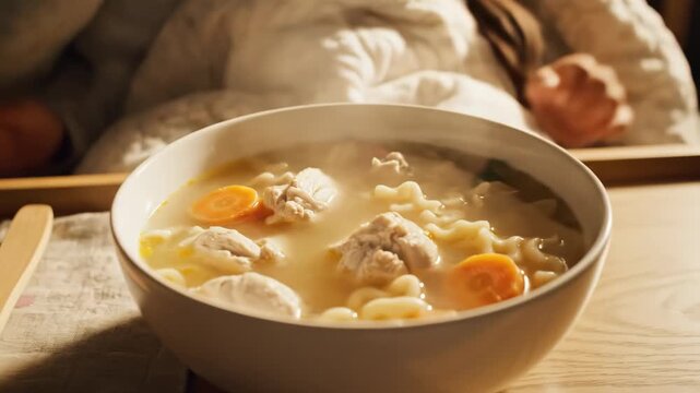 A child sits in bed, enveloped in a cozy blanket, eagerly reaching for a bowl of steaming homemade soup. The gentle glow of soft lights enhances the comfort of this relaxing evening.