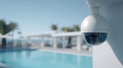 Fototapeta premium Modern security camera monitors a luxury resort pool area with palm trees and clear blue sky
