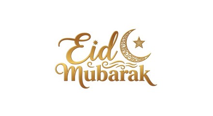 Obraz premium Eid Mubarak gold calligraphy greeting with crescent moon and star isolated on white