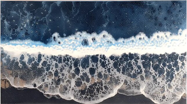 An aerial view captures the ocean's intricate foam patterns on the shore. Dark blues meld with frothy whites, creating a textured abstract scene