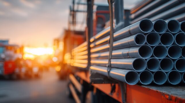 Stack of gray pipes loaded onto a truck at sunset with warm light