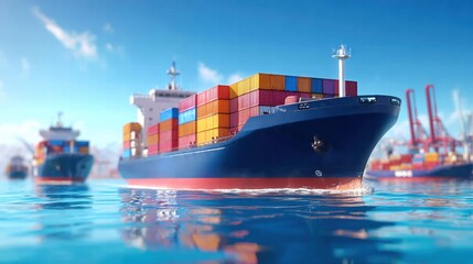 Cargo ship sailing on the ocean, a symbol of global trade and transportation.