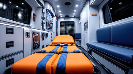 Obraz premium Interior view of a modern ambulance with a patient stretcher and medical equipment