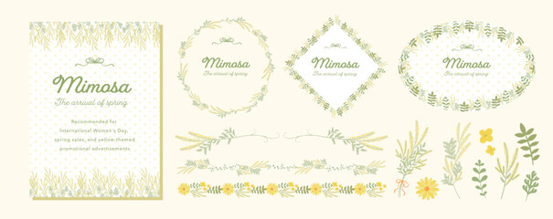 Fototapeta na wymiar ミモザの花で彩る春の黄色いリースと花束のフレームタイトルやアイコンイラスト:国際女性デーなど