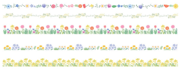 Fototapeta na wymiar 春の草花と葉をカラフルに配した飾り罫や帯・フレームデザイン:桜やチューリップなど