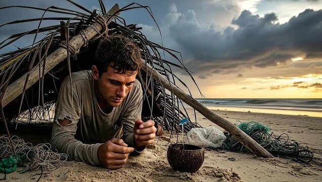 Man on a deserted beach near a makeshift shelter at sunset.