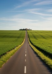 Ampio panorama estivo di campagna, una lunga strada diritta che attraversa vasti campi verdi e prati fioriti sotto il sole, via, percorso, bellezza