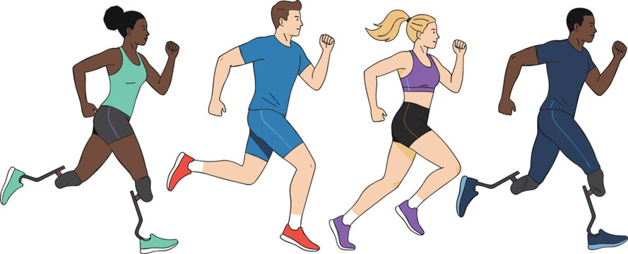 Minimal hand-drawn vector illustration set of diverse athletes running with prosthetic blades in clean outline style and consistent stroke width