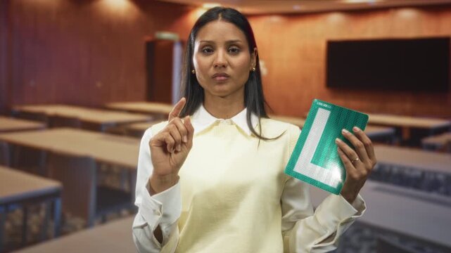Woman pointing finger holding learner sign in classroom building, wearing cream vest and white blouse; instructional authority guidance.