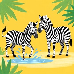 Obraz premium Two Zebras Splashing in Water with Tropical Leaves.