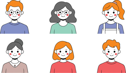 Cute People Avatar Cartoon Vector Set with Diverse Men and Women Portraits Glasses Hairstyles Minimal Flat Character Illustration Collection
