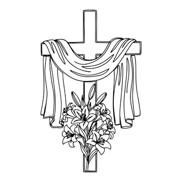 Christian cross with draped cloth and lily flowers line art