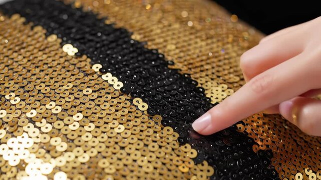 Fingers delicately trace the shimmering sequins, revealing mesmerizing patterns of gold and black.