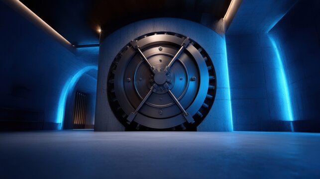 Massive circular vault door in a modern bank with blue neon lighting