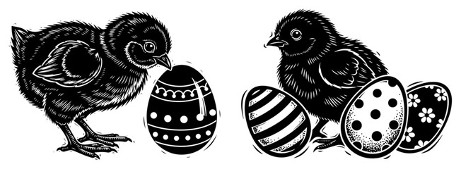 Two Easter chicks with decorated eggs in vintage black and white style © Kumamoto