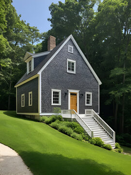 Saltbox house with a steep, gabled roof.