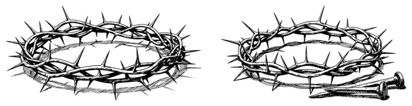 Sketch of crown of thorns and metal crucifixion nails on white background