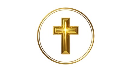 Obraz premium Gold shiny cross symbol in circle on white background With shadow. AI GENERATED.