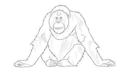 Orangutan Line Drawing: A detailed line drawing of an orangutan depicts the primate in a moment of calm contemplation. The image is an illustration, not a photo. © hafs121