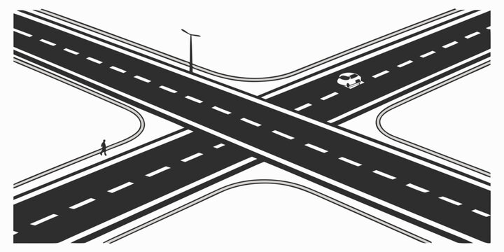 A detailed illustration of a multi-lane intersection with traffic signs. Vector