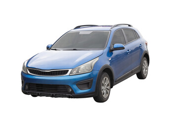 Fototapeta premium Blue crossover SUV front angle isolated on white background