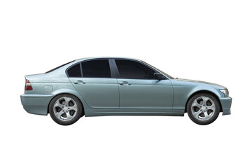 Fototapeta premium Light blue sedan car side view isolated on white background