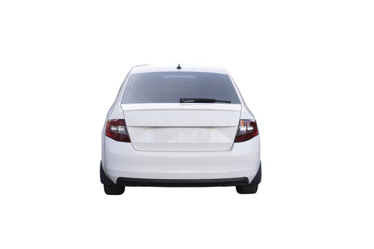 White sedan car rear view isolated on white background