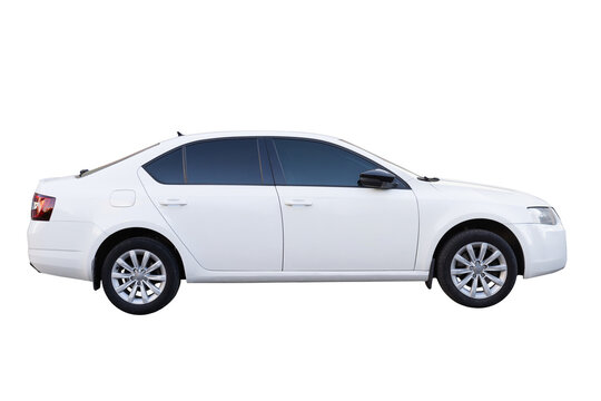 White sedan car side view isolated on white background