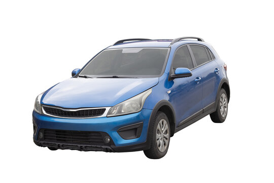 Blue crossover SUV front angle isolated on white background