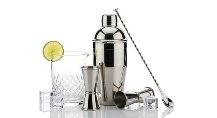 Cocktail shaker set with jigger and spoon barware on white background With shadow. AI GENERATED.