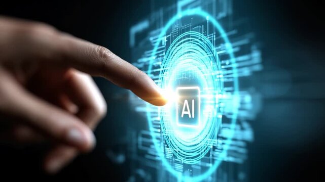 AI Touch: A close-up shot of a finger tapping on a digital interface marked with the initials AI, illustrating the future and progress.