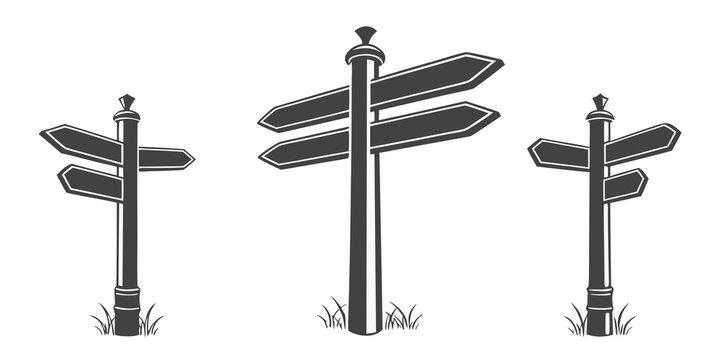 Three vintage metal signs pointing in different directions on a grassy surface Vector
