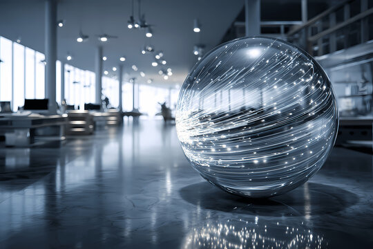 Floating Transparent Data Sphere in Office Interior