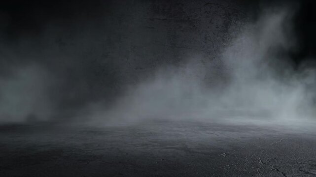 Dark empty room with foggy mist and cracked concrete floor moody atmosphere background