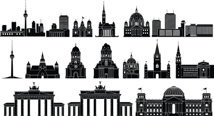 Berlin landmarks silhouette vector illustration, Brandenburg Gate artwork, Reichstag building design, TV Tower drawing, cathedral heritage monument art, German city skyline © MstSabina