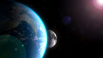 Planet Earth and Moon in outer space illuminated by sunlight, realistic astronomy view of our planet from orbit. © Alexuans