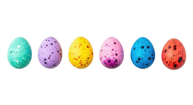 A row of colorful Easter eggs on transparent background