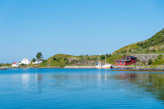 Coastal landscape with a traditional fisherman&rsquo;s cabin near Ramberg. Lofoten island in Norway.