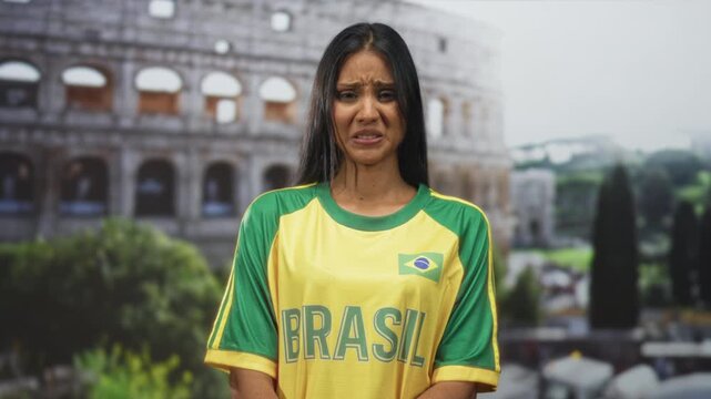 Woman wearing brazil jersey grimacing with pursed lips and furrowed brow in a studio colosseum set; disgust.