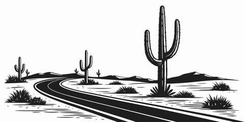 A solitary cactus stands tall in a desert landscape with winding roads Vector © MST CHIN BANU BEGUM