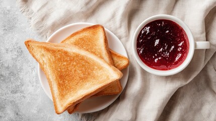 Slices of crispy golden toasted bread sit on a white ceramic plate next to a small bowl of sweet red fruit jam on a rustic linen cloth background.